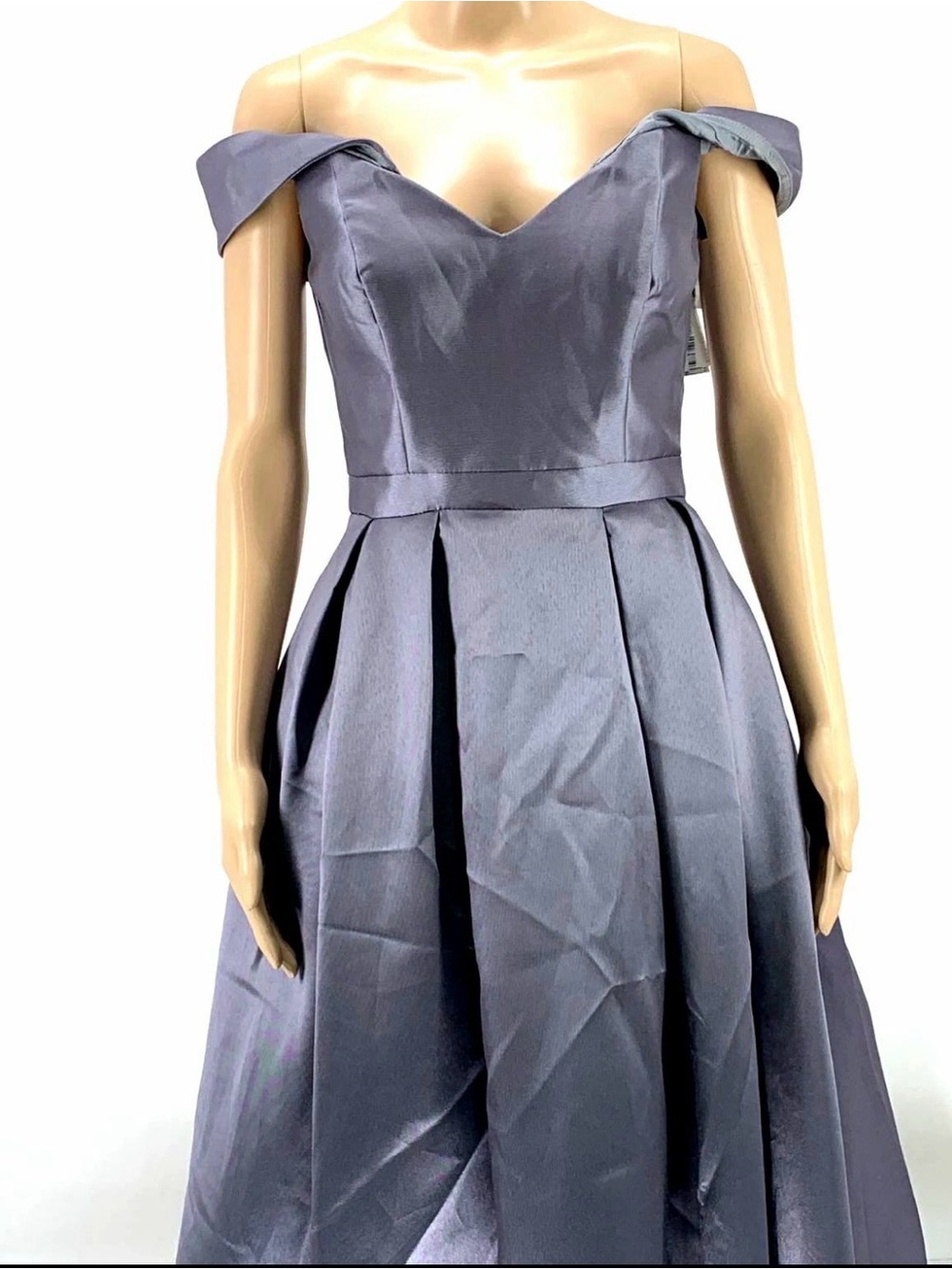 Xscape Off-Shoulder Pleated Evening Gown in Slate Lavender